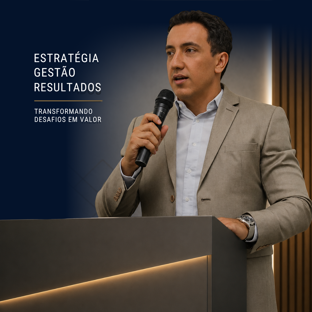 Rafael Firmiano conduzindo uma palestra sobre estratégia, gestão e resultados.